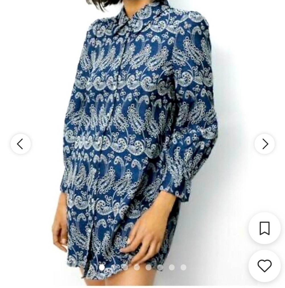 Zara Navy Paisley Button-Up Shirt Dress